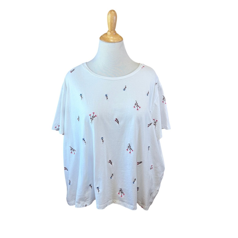 Studio 1886 White Floral Embroidered 100% Cotton Short Slv T-Shirt Boxy Fit 3X
